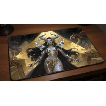 Custom gaming playmat design featuring a dragon in fantasy style featuring gold and amber colors optimized for landscape f...
