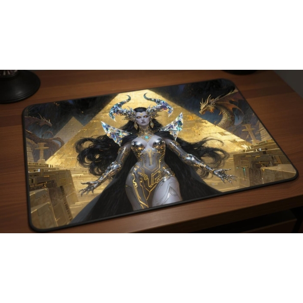 Custom gaming playmat design featuring a dragon in fantasy style featuring gold and amber colors optimized for landscape f...