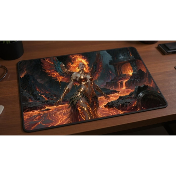 Custom gaming playmat design featuring a fire featuring amber and bronze colors optimized for landscape format created by ...
