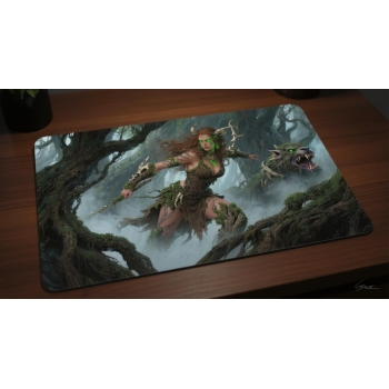 Custom gaming playmat design featuring a beast in animal style featuring red and green colors optimized for landscape form...
