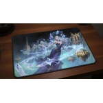 Custom gaming playmat design featuring a sorceress in fantasy style with silver tones optimized for landscape format creat...