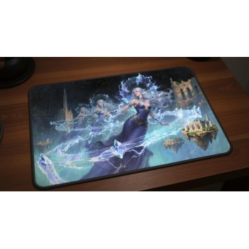 Custom gaming playmat design featuring a sorceress in fantasy style with silver tones optimized for landscape format creat...