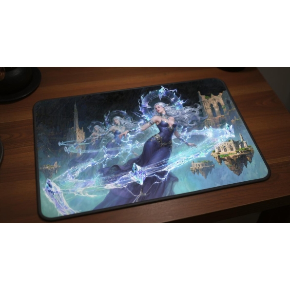 Custom gaming playmat design featuring a sorceress in fantasy style with silver tones optimized for landscape format creat...