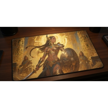 Custom gaming playmat design featuring a armor with shield, magic in fantasy style featuring red and gold colors creating ...