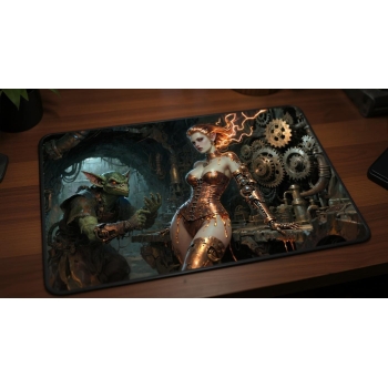 Custom gaming playmat design featuring artwork inspired by 'Daretti's Scrap Siren A mechan...' featuring red and bronze co...