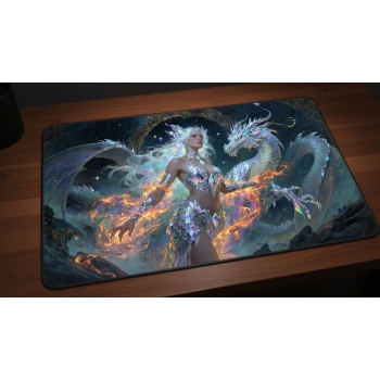 Custom gaming playmat design featuring a fire with spirit, dragon in fantasy style creating a ethereal atmosphere optimize...