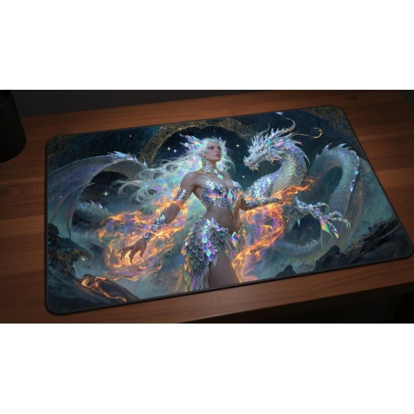 Custom gaming playmat design featuring a fire with spirit, dragon in fantasy style creating a ethereal atmosphere optimize...