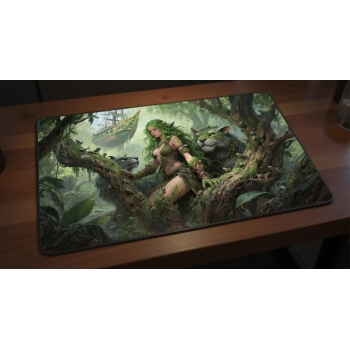 Custom gaming playmat design featuring a beast with creature, forest in nature style featuring green and amber colors opti...