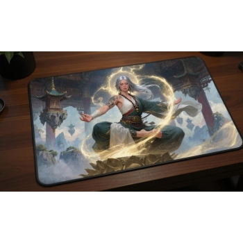 Custom gaming playmat design featuring artwork inspired by 'A transcendent gravure scene i...' featuring silver and amber ...