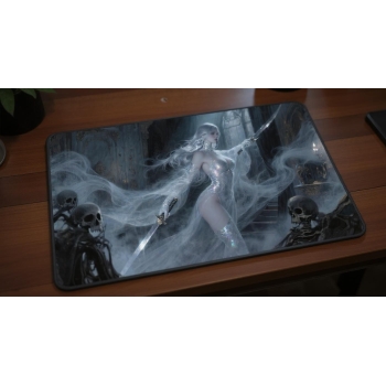Custom gaming playmat design featuring a spirit with magic in fantasy style featuring silver and amber colors creating a e...