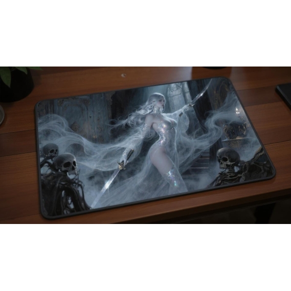 Custom gaming playmat design featuring a spirit with magic in fantasy style featuring silver and amber colors creating a e...