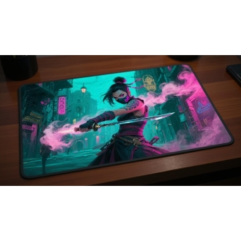 Custom gaming playmat design featuring artwork inspired by 'A detailed fantasy illustratio...' in urban style with pink to...