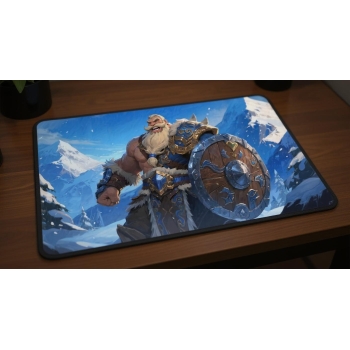 Custom gaming playmat design featuring a mountain with shield, warrior in nature style with blue tones creating a epic atm...
