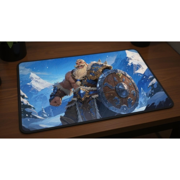 Custom gaming playmat design featuring a mountain with shield, warrior in nature style with blue tones creating a epic atm...