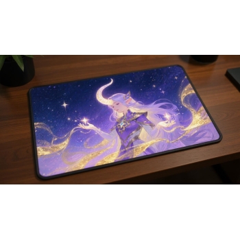Custom gaming playmat design featuring a magic in fantasy style featuring purple and gold colors creating a ethereal atmos...