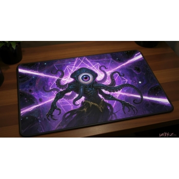 Custom gaming playmat design featuring a creature in sci-fi style featuring red and purple colors optimized for landscape ...