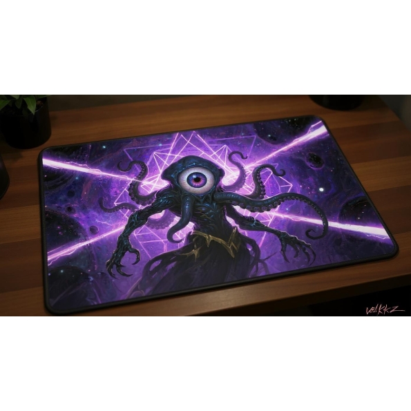 Custom gaming playmat design featuring a creature in sci-fi style featuring red and purple colors optimized for landscape ...