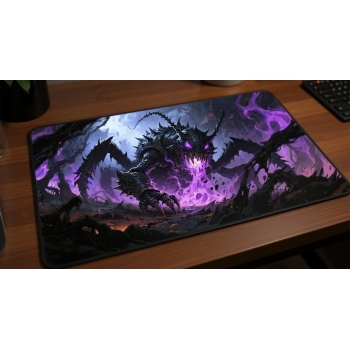 Custom gaming playmat design featuring a creature in nature style featuring purple and black colors optimized for landscap...