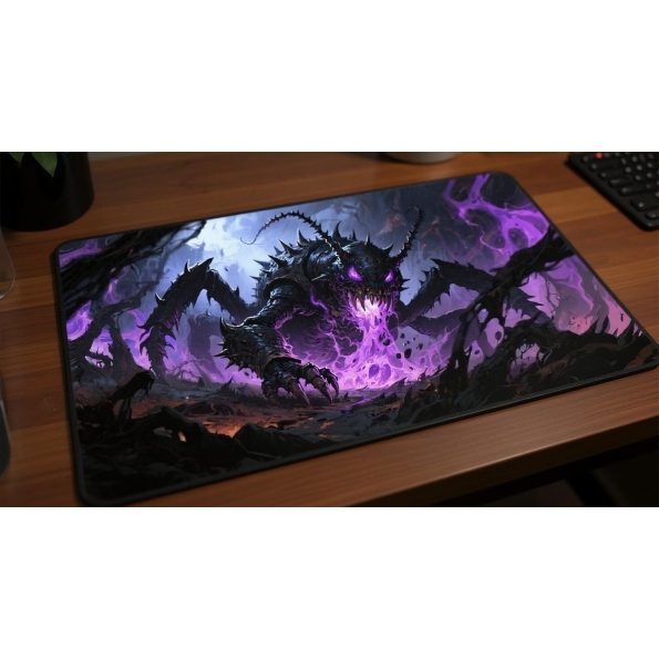 Custom gaming playmat design featuring a creature in nature style featuring purple and black colors optimized for landscap...