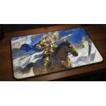 Custom gaming playmat design featuring a armor in abstract style featuring blue and gold colors creating a epic atmosphere...
