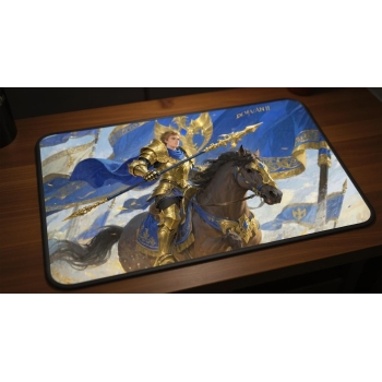 Custom gaming playmat design featuring a armor in abstract style featuring blue and gold colors creating a epic atmosphere...