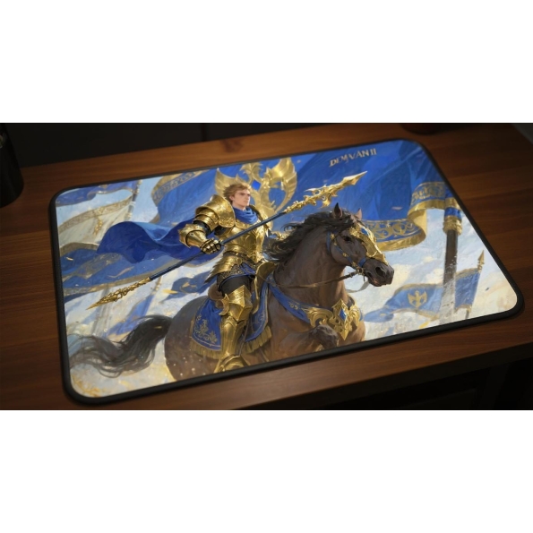Custom gaming playmat design featuring a armor in abstract style featuring blue and gold colors creating a epic atmosphere...