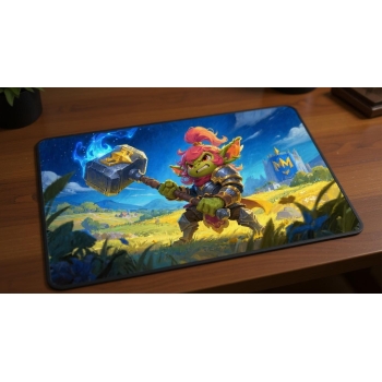 Custom gaming playmat design featuring a knight in fantasy style featuring blue and yellow colors creating a epic atmosphe...