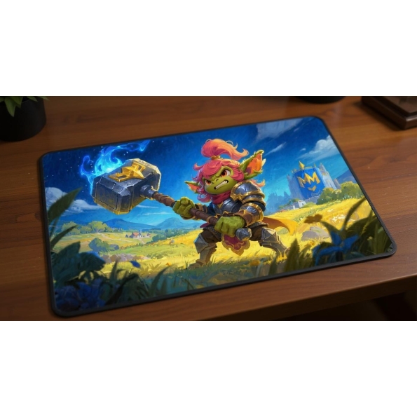 Custom gaming playmat design featuring a knight in fantasy style featuring blue and yellow colors creating a epic atmosphe...