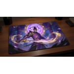 Custom gaming playmat design featuring a armor with spirit, magic in fantasy style featuring purple and gold colors optimi...