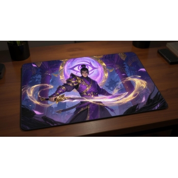Custom gaming playmat design featuring a armor with spirit, magic in fantasy style featuring purple and gold colors optimi...