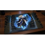 Custom gaming playmat design featuring a wizard in fantasy style featuring blue and gold colors creating a dramatic atmosp...