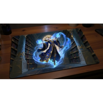 Custom gaming playmat design featuring a wizard in fantasy style featuring blue and gold colors creating a dramatic atmosp...