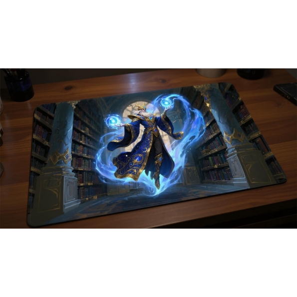 Custom gaming playmat design featuring a wizard in fantasy style featuring blue and gold colors creating a dramatic atmosp...