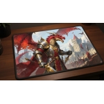 Custom gaming playmat design featuring a knight with castle, dragon in fantasy style featuring red and gold colors creatin...