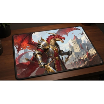 Custom gaming playmat design featuring a knight with castle, dragon in fantasy style featuring red and gold colors creatin...