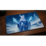Custom gaming playmat design featuring a sorceress with magic, ice in fantasy style featuring blue and white colors creati...