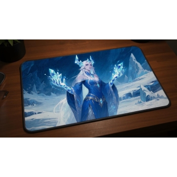 Custom gaming playmat design featuring a sorceress with magic, ice in fantasy style featuring blue and white colors creati...