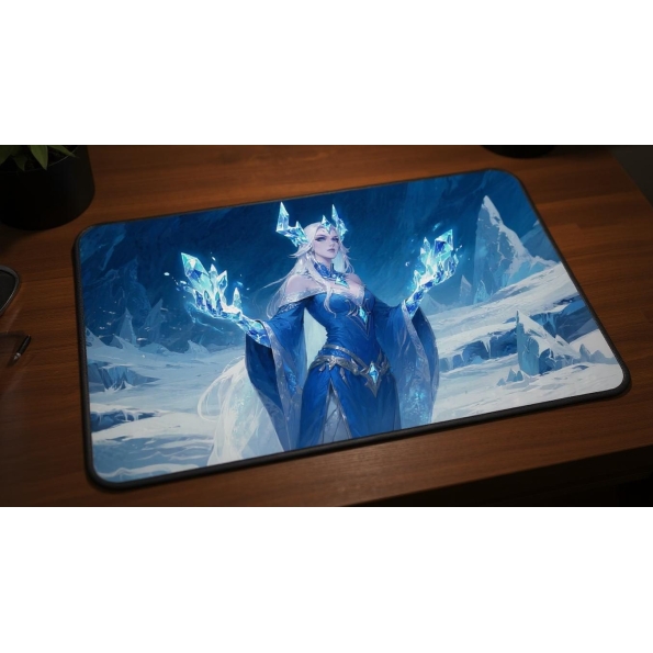 Custom gaming playmat design featuring a sorceress with magic, ice in fantasy style featuring blue and white colors creati...