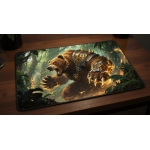 Custom gaming playmat design featuring a forest with beast, warrior in nature style with gold tones optimized for landscap...