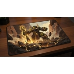Custom gaming playmat design featuring a earth with magic in fantasy style with gold tones optimized for landscape format ...