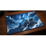 Custom gaming playmat design featuring a spirit with lightning featuring blue and white colors optimized for landscape for...