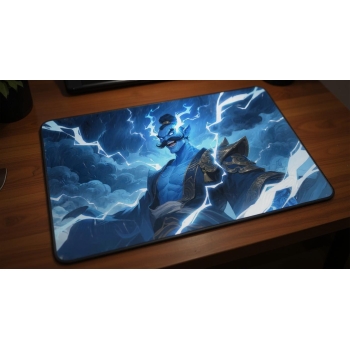 Custom gaming playmat design featuring a spirit with lightning featuring blue and white colors optimized for landscape for...