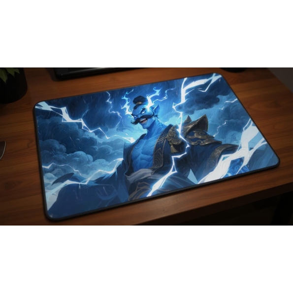 Custom gaming playmat design featuring a spirit with lightning featuring blue and white colors optimized for landscape for...