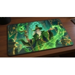 Custom gaming playmat design featuring a wizard with staff in fantasy style featuring green and gold colors creating a eth...