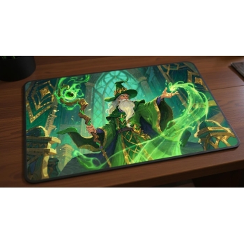 Custom gaming playmat design featuring a wizard with staff in fantasy style featuring green and gold colors creating a eth...