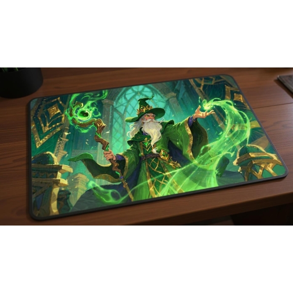 Custom gaming playmat design featuring a wizard with staff in fantasy style featuring green and gold colors creating a eth...