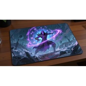 Custom gaming playmat design featuring a magic in portrait style featuring blue and purple colors optimized for landscape ...