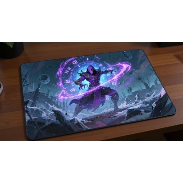 Custom gaming playmat design featuring a magic in portrait style featuring blue and purple colors optimized for landscape ...