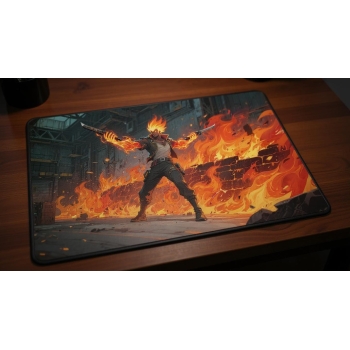 Custom gaming playmat design featuring a fire featuring red and orange colors creating a dramatic atmosphere optimized for...