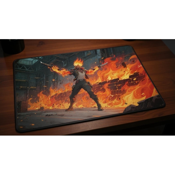 Custom gaming playmat design featuring a fire featuring red and orange colors creating a dramatic atmosphere optimized for...